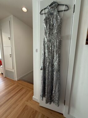 glam Silver Sequined Halter Maxi Gown